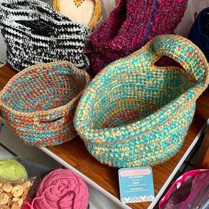 Crocheted baskets, Teal, Yellow and coral. Handmade by me. You get both.